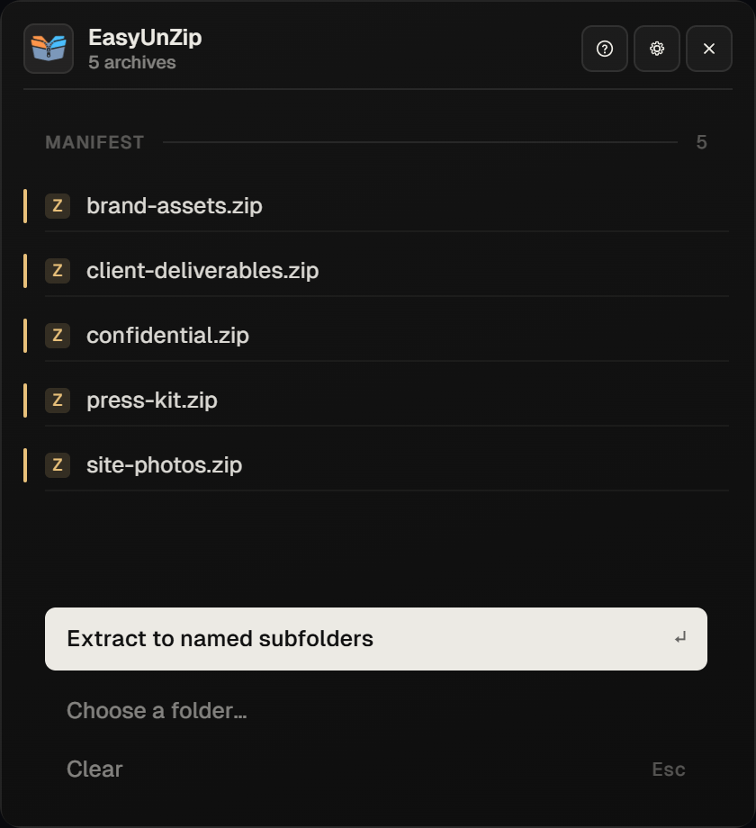 The EasyUnZip panel listing five selected ZIP archives ready for batch extraction into named subfolders.